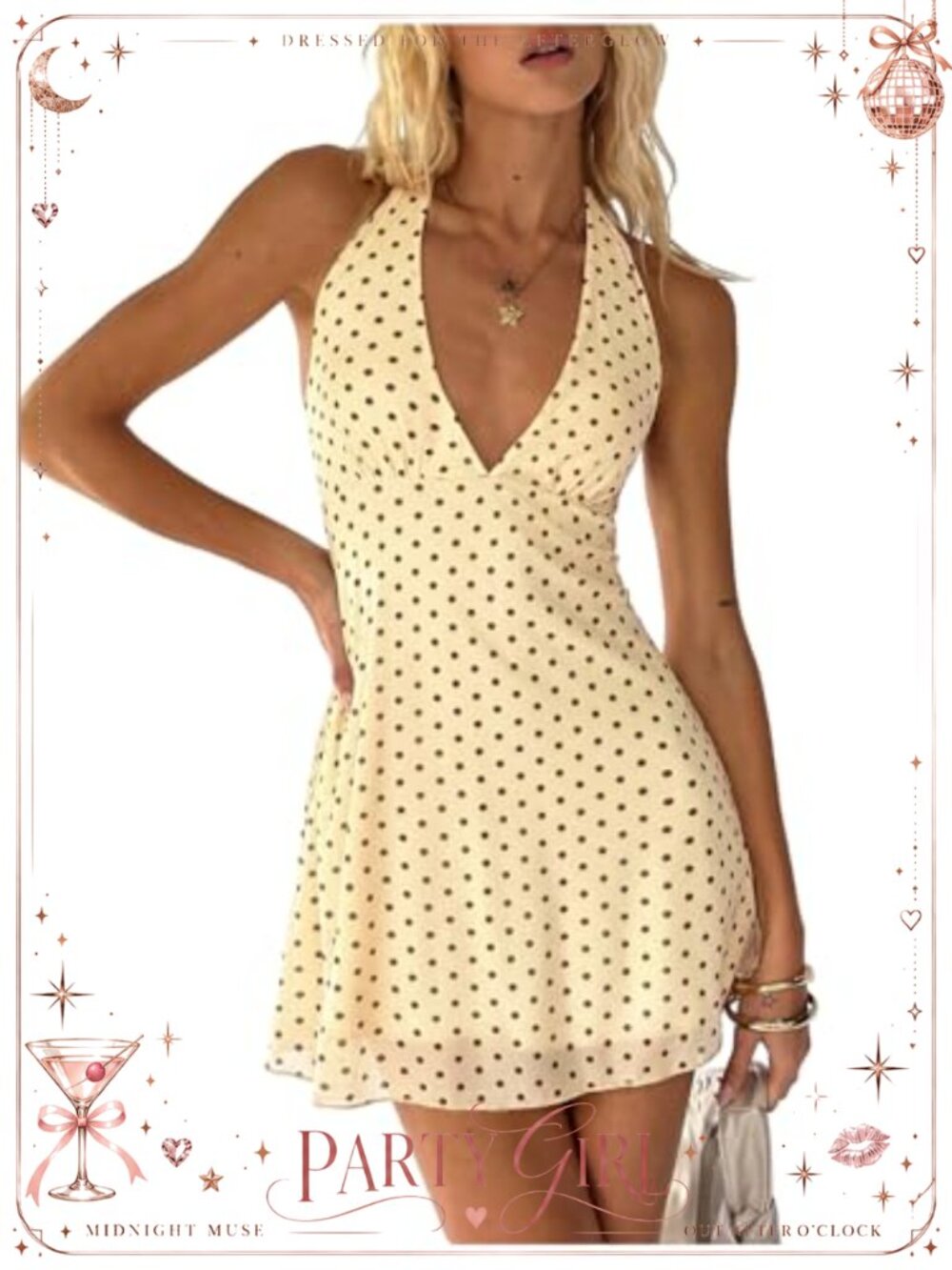 Polka Dot Halter Mini Dress Deep V Neck Open Back Sleeveless Y2K Summer Party